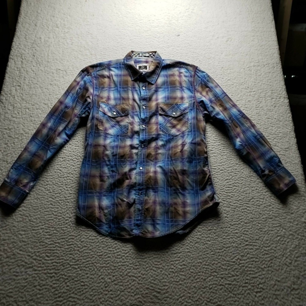 Bugatchi Shirt Mens Large Blue Plaid Shaped Fit Cotton Long Sleeve Button-Up